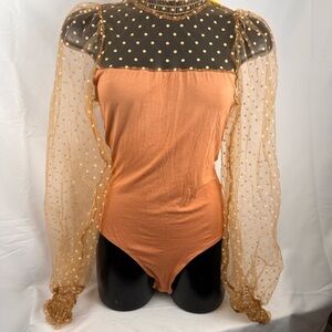Peach Love California Sheer Polka Dot Bodysuit - Gold and Tan